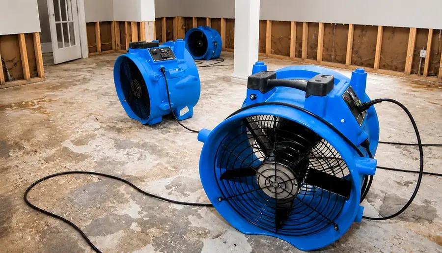 Air movers drying a water-damaged floor in a San Gabriel Valley home