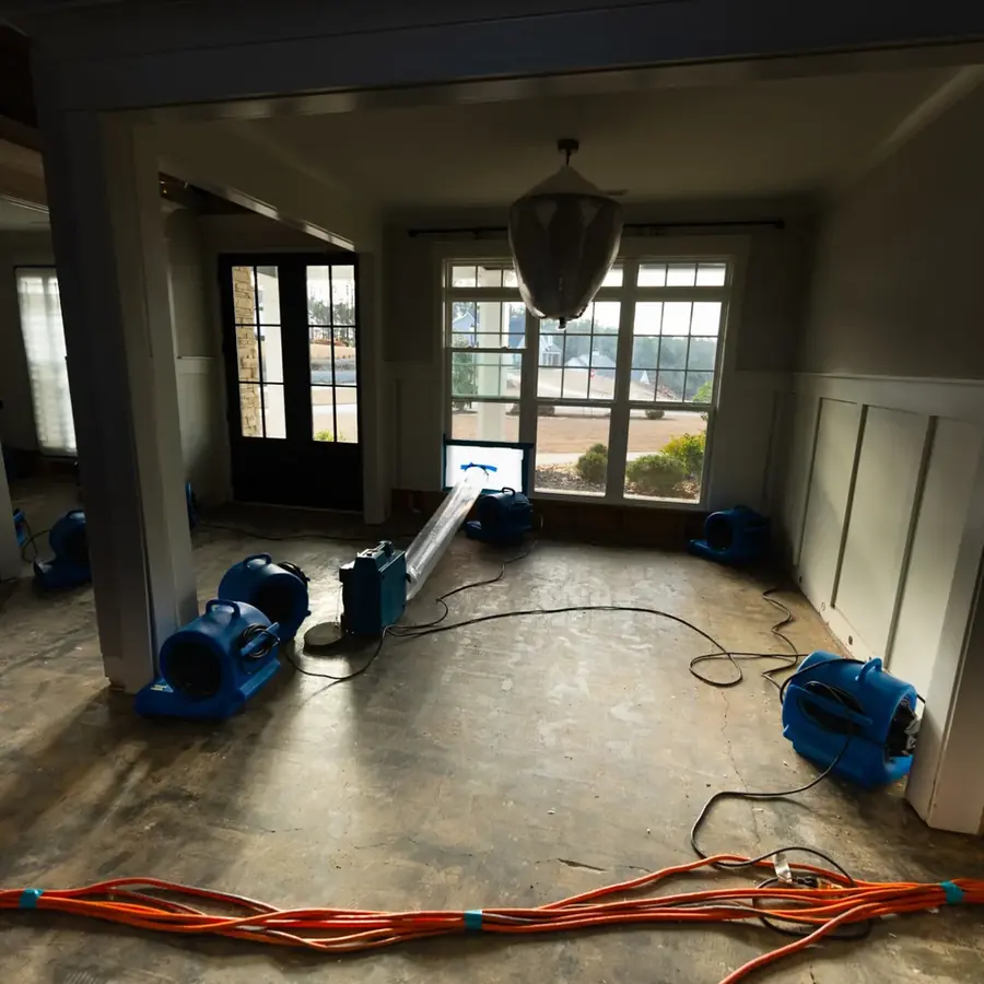 Air movers finishing a structural dry-out in a San Gabriel Valley home