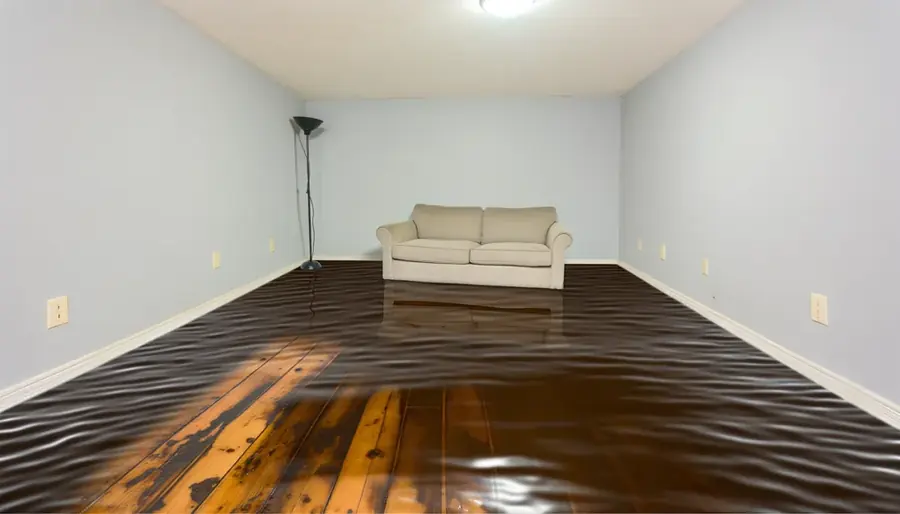 Flood water spread across a hardwood floor in a San Marino living room