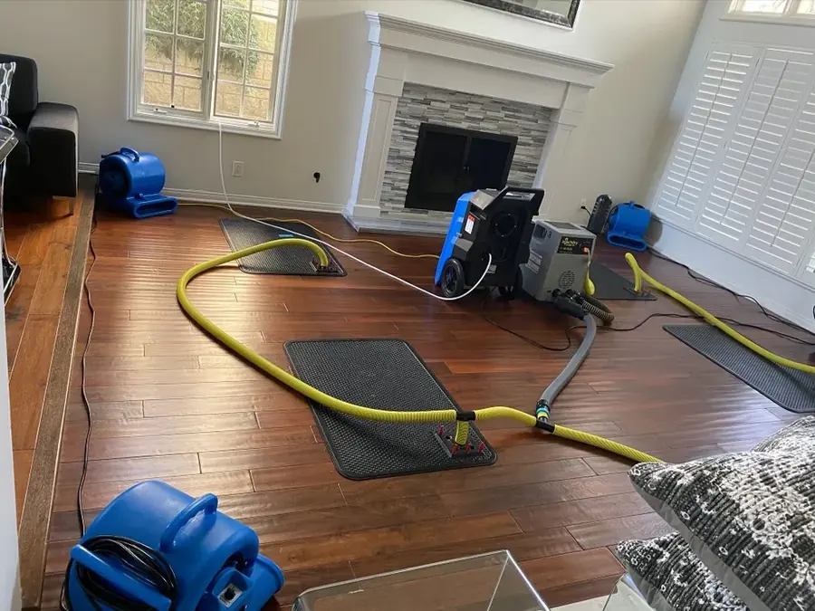 Air movers and a dehumidifier drying a water damaged San Marino room